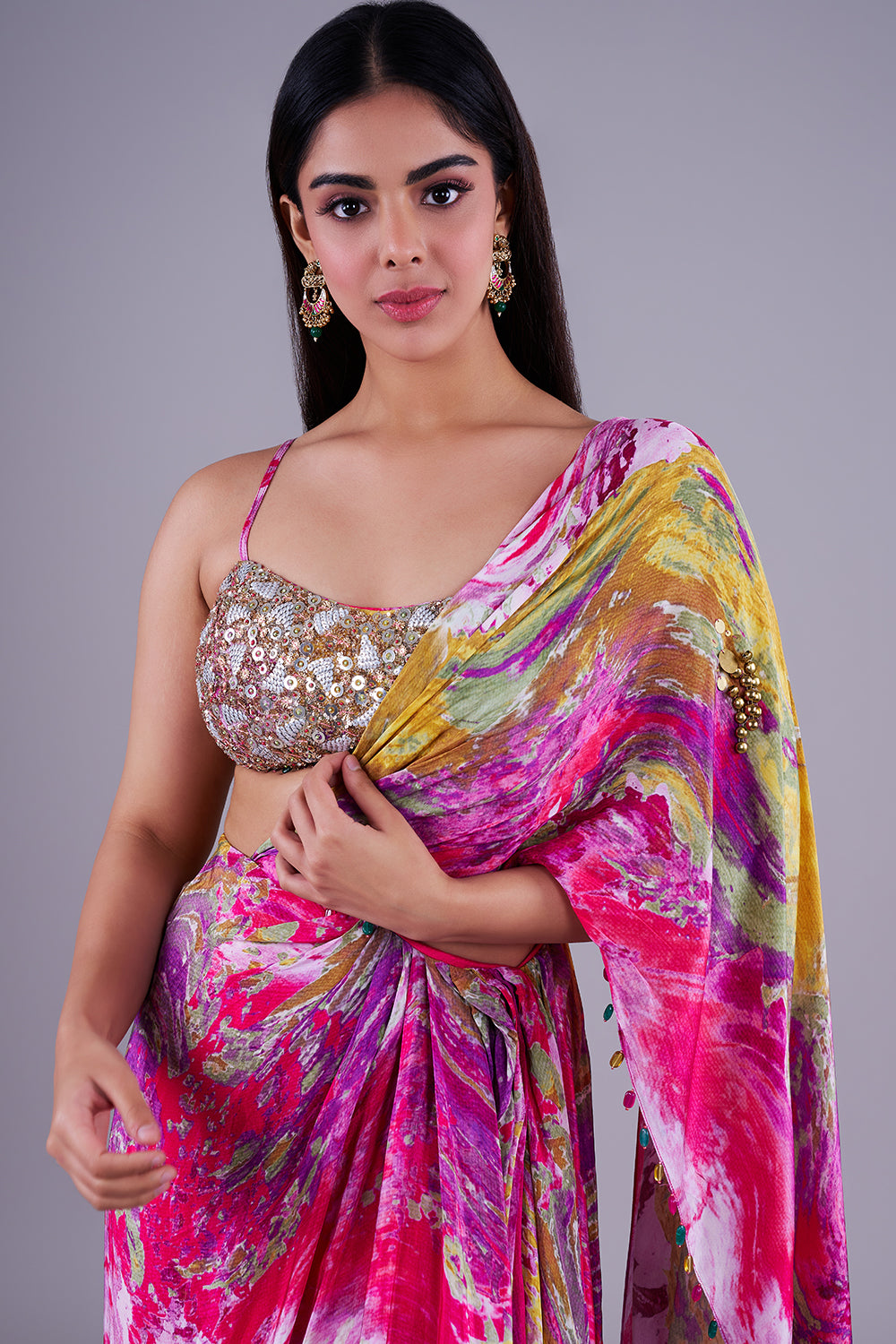 Multicolour drape saree with sequin blouse