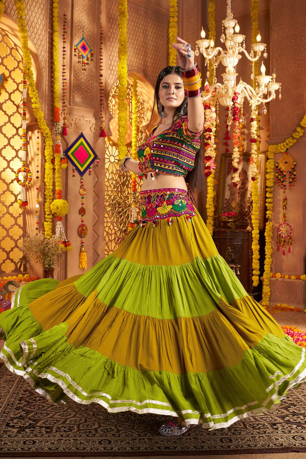 Mustard And Green Viscose Cotton Navratri Lehenga Choli Thread With Mirror Work
