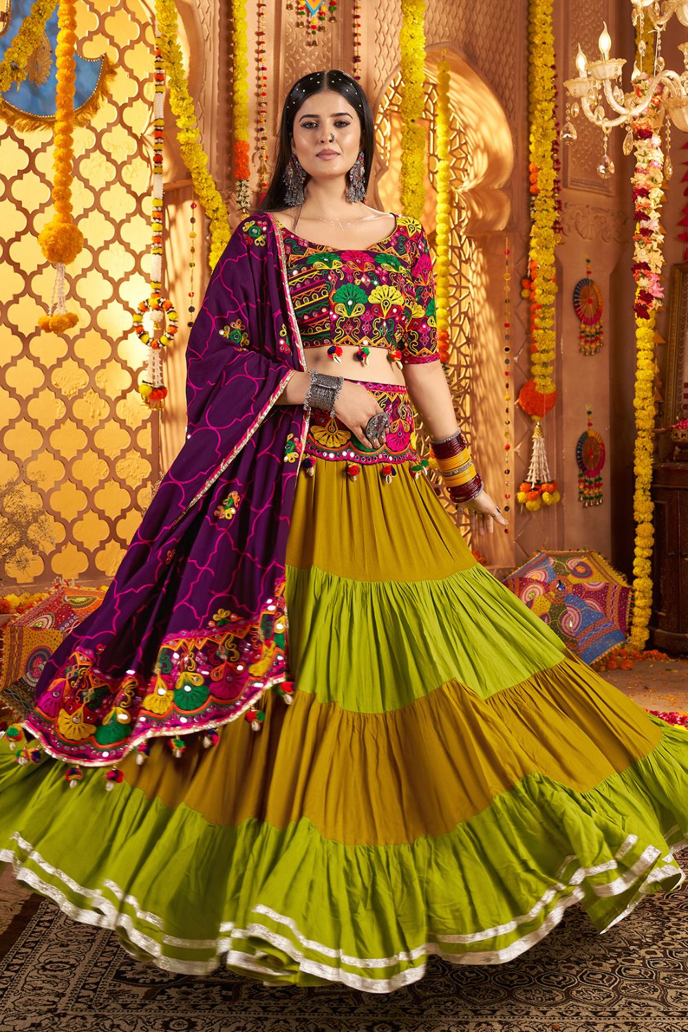 Mustard And Green Viscose Cotton Navratri Lehenga Choli Thread With Mirror Work