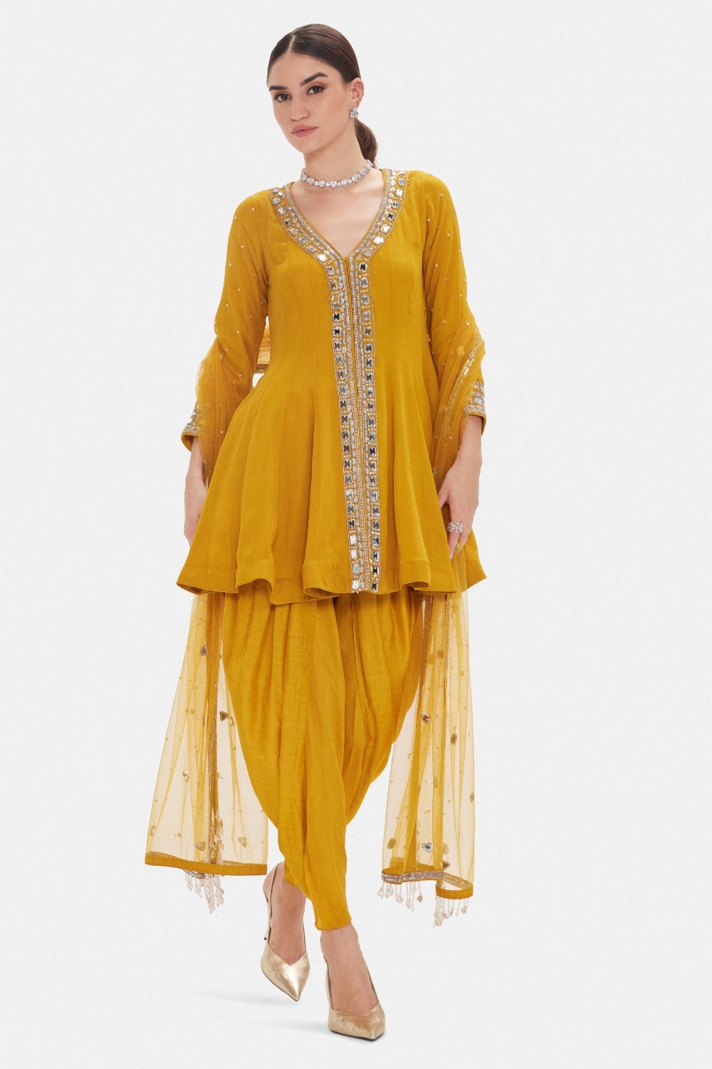 Mustard Yellow Dhoti Set with Moti and Mirror Work