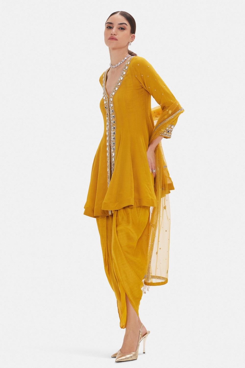 Mustard Yellow Dhoti Set with Moti and Mirror Work