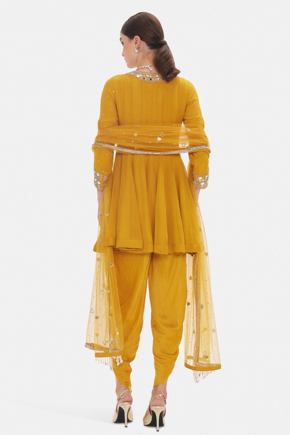 Mustard Yellow Dhoti Set with Moti and Mirror Work