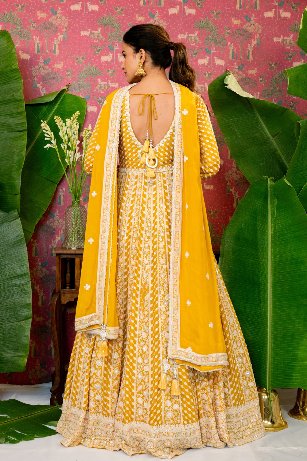 Mustard Yellow Georgette Anarakali Set with Moti and Cutdana Work