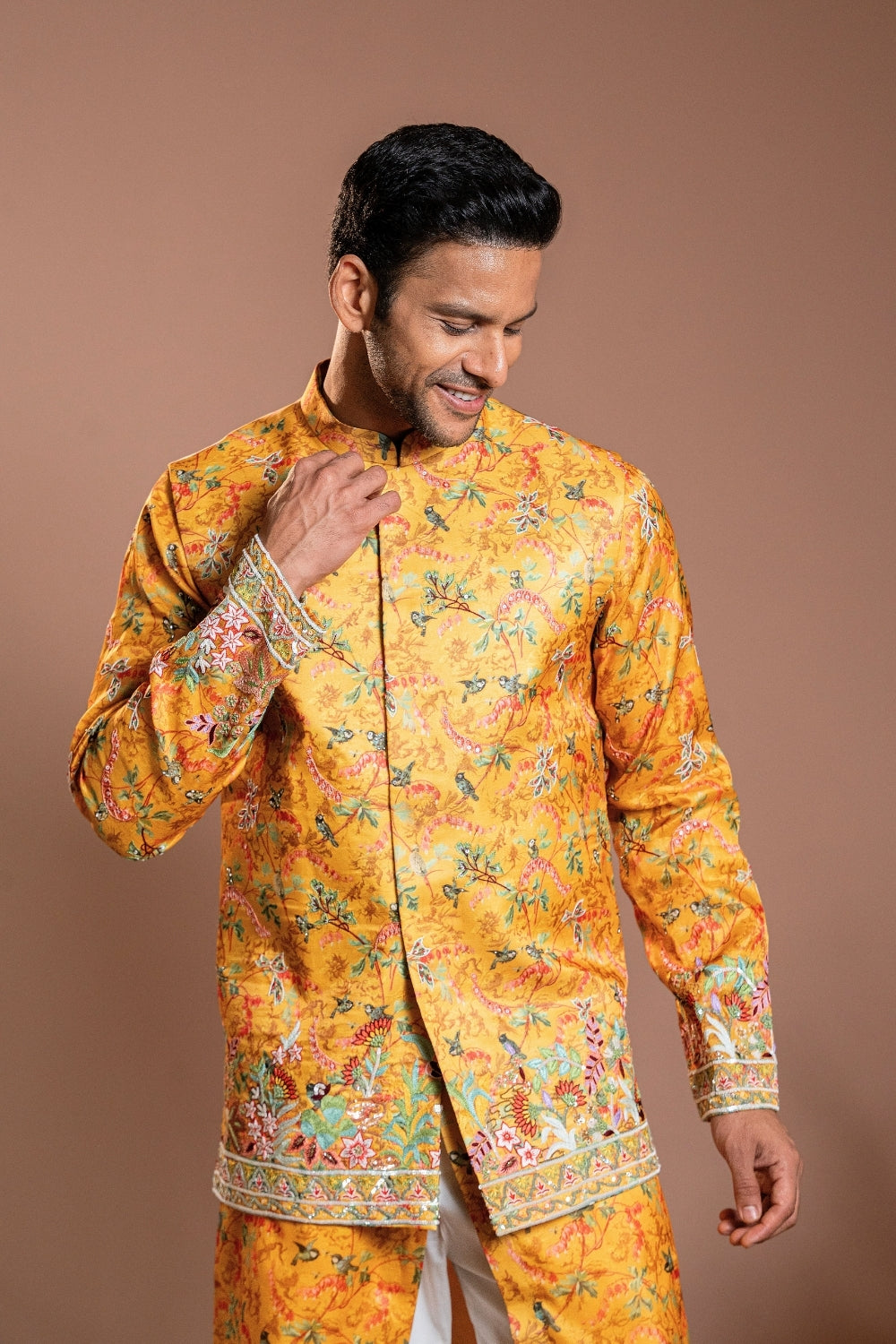 Mustard Yellow Printed Silk Koti Set with Sequins and Cutdana Work