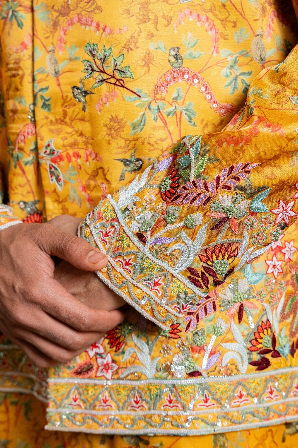 Mustard Yellow Printed Silk Koti Set with Sequins and Cutdana Work