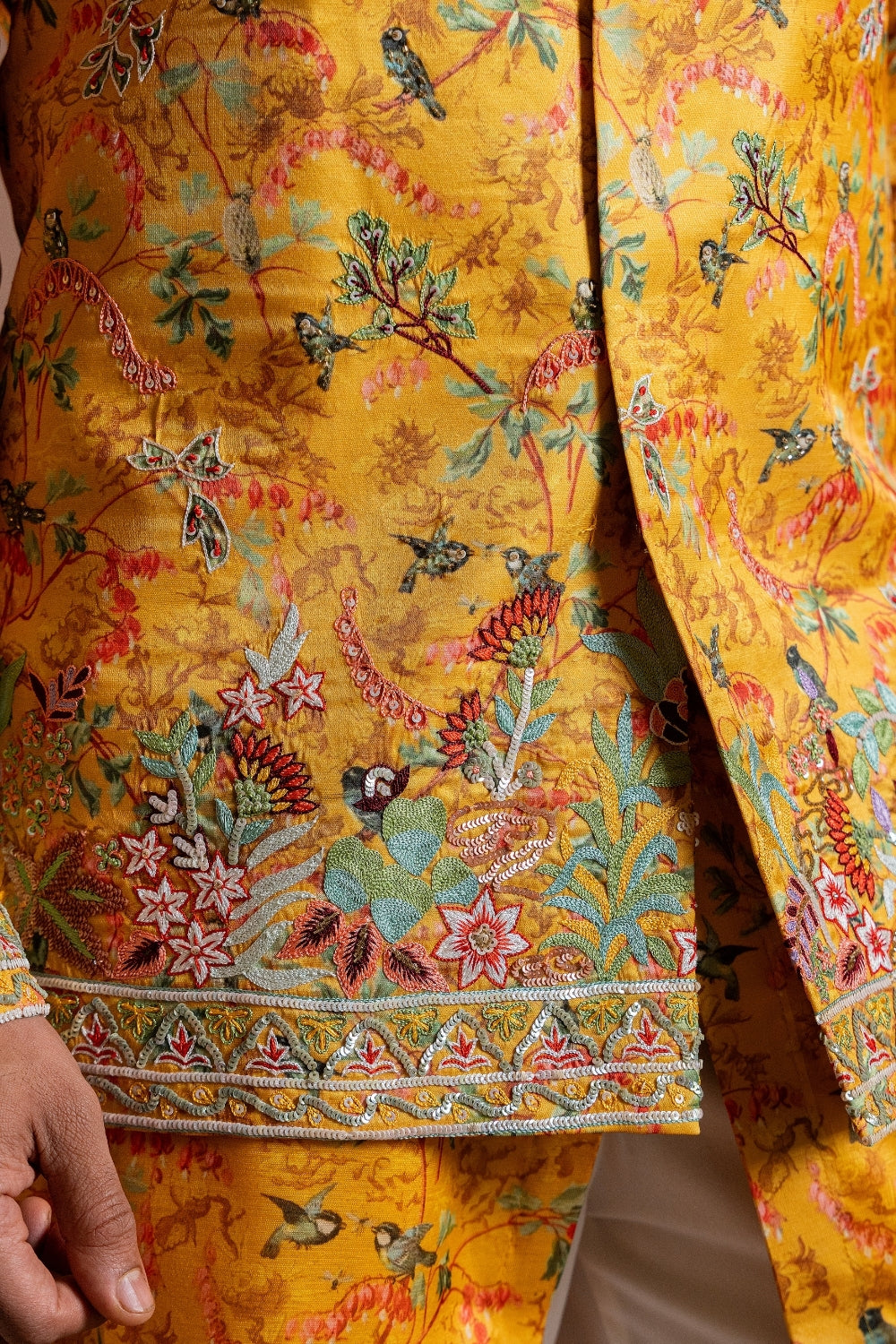 Mustard Yellow Printed Silk Koti Set with Sequins and Cutdana Work