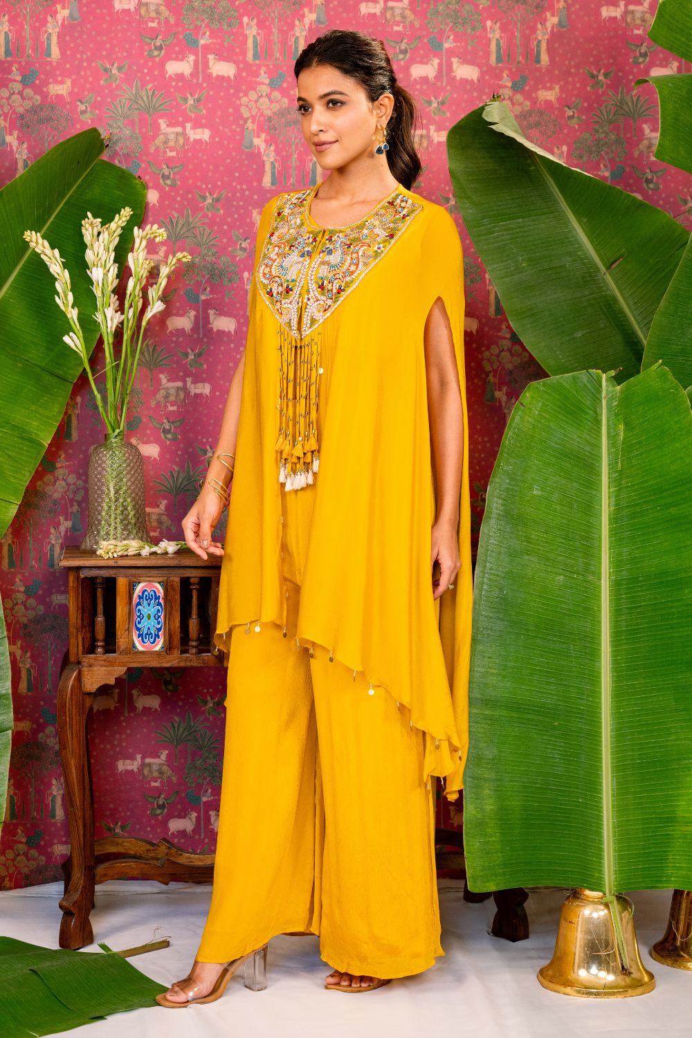 Mustard Yellow Silk Indo Western with Resham and Zardosi Work