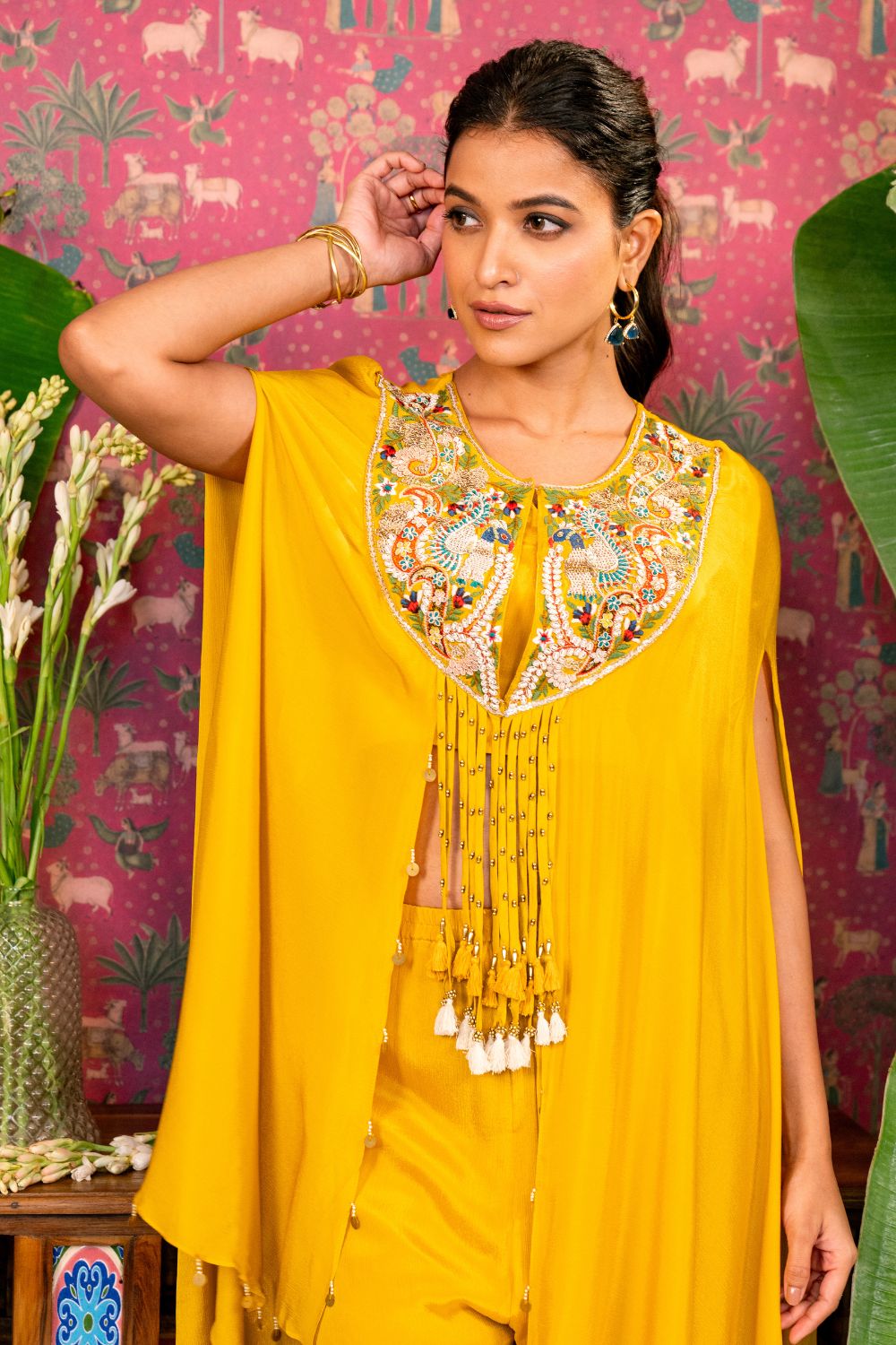Mustard Yellow Silk Indo Western with Resham and Zardosi Work