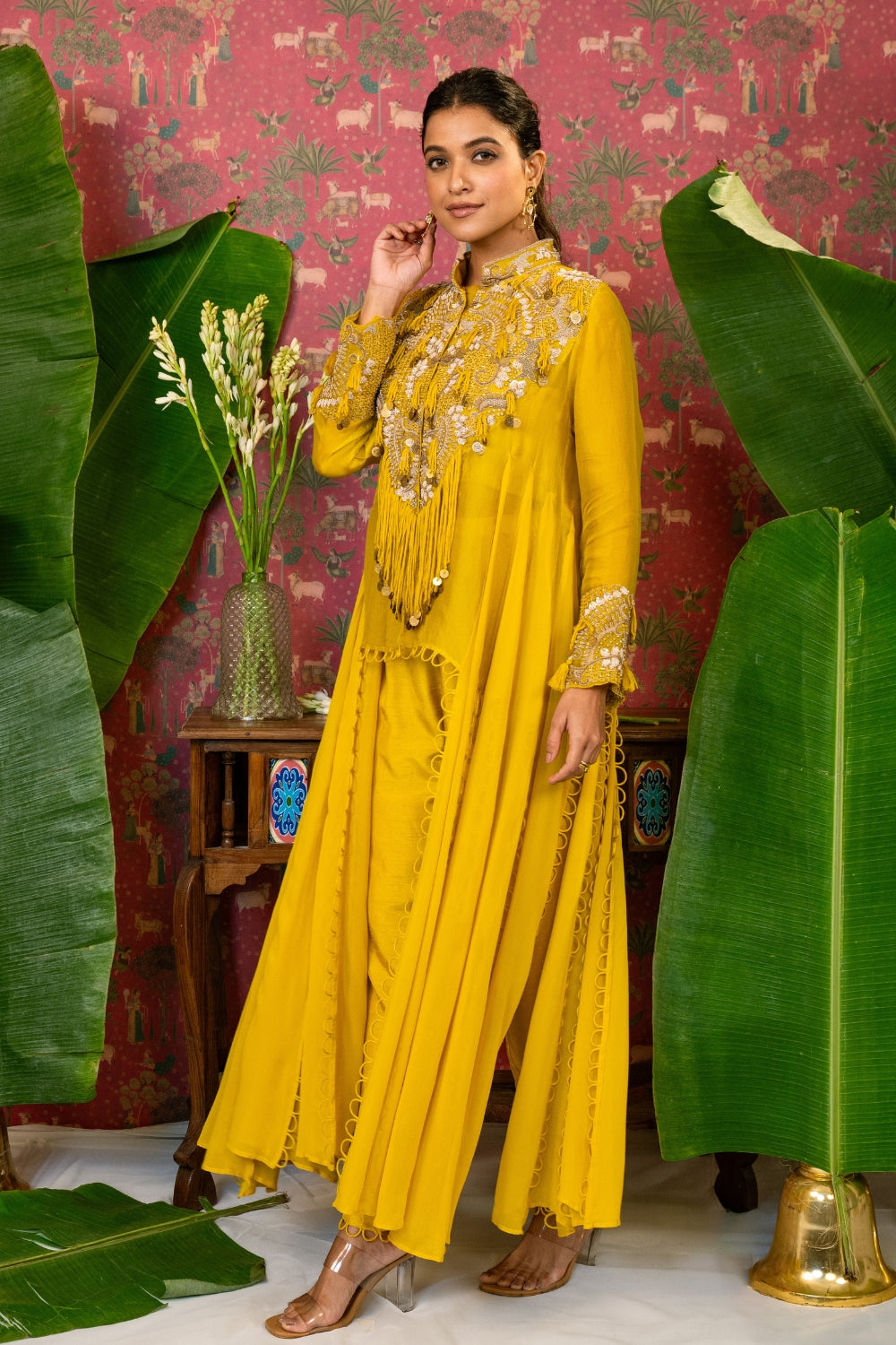 Mustard Yellow Silk Indo Western with Zardosi and Cutdana Work