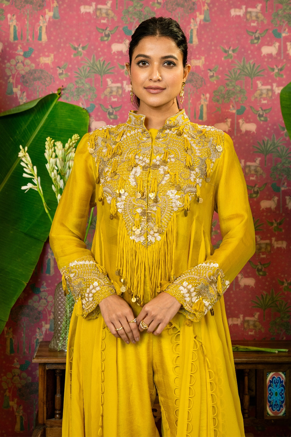 Mustard Yellow Silk Indo Western with Zardosi and Cutdana Work