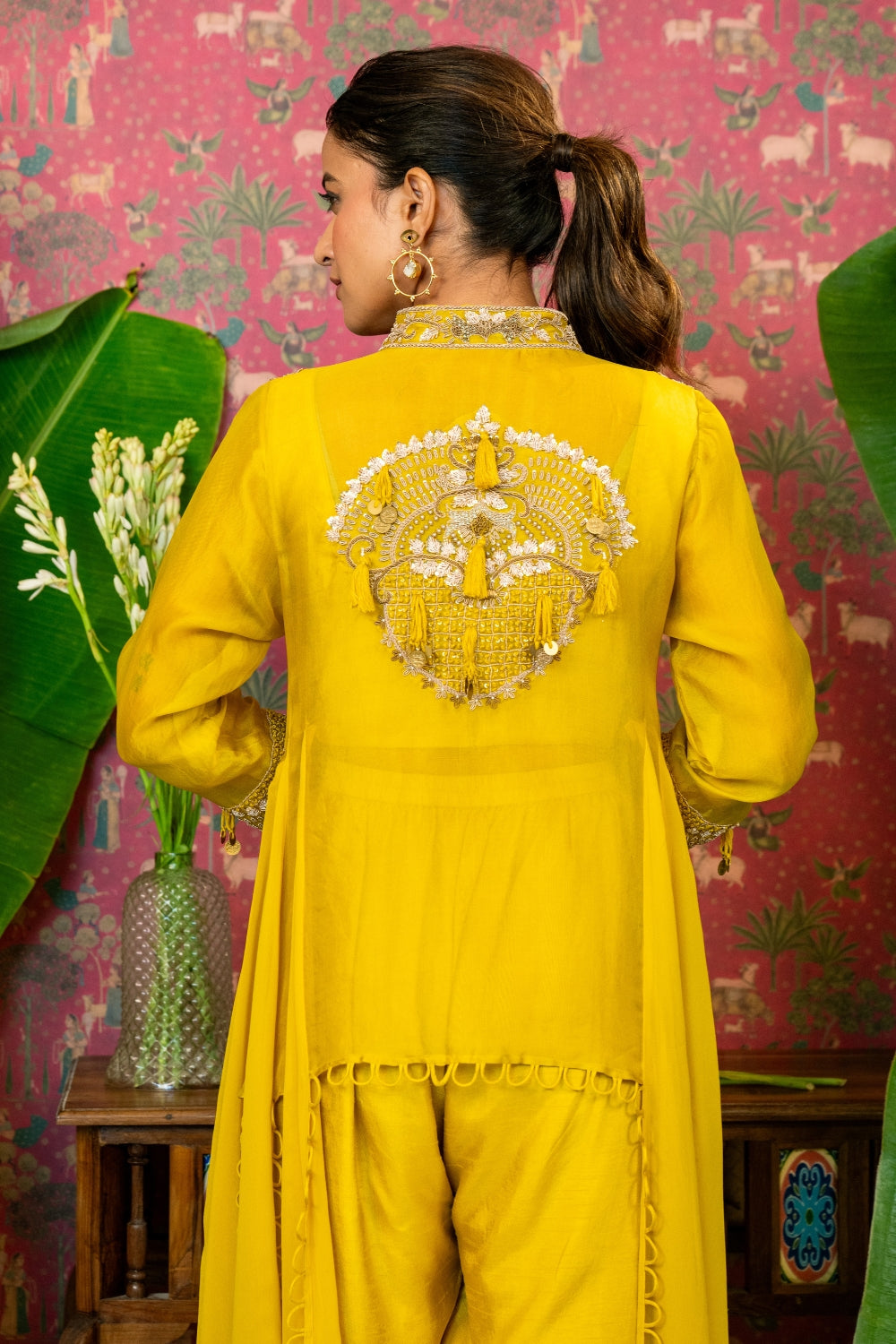 Mustard Yellow Silk Indo Western with Zardosi and Cutdana Work