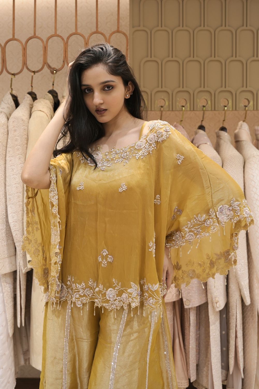 Mustard Yellow Tissue Indo Western with Cut Dana and Pearl Work