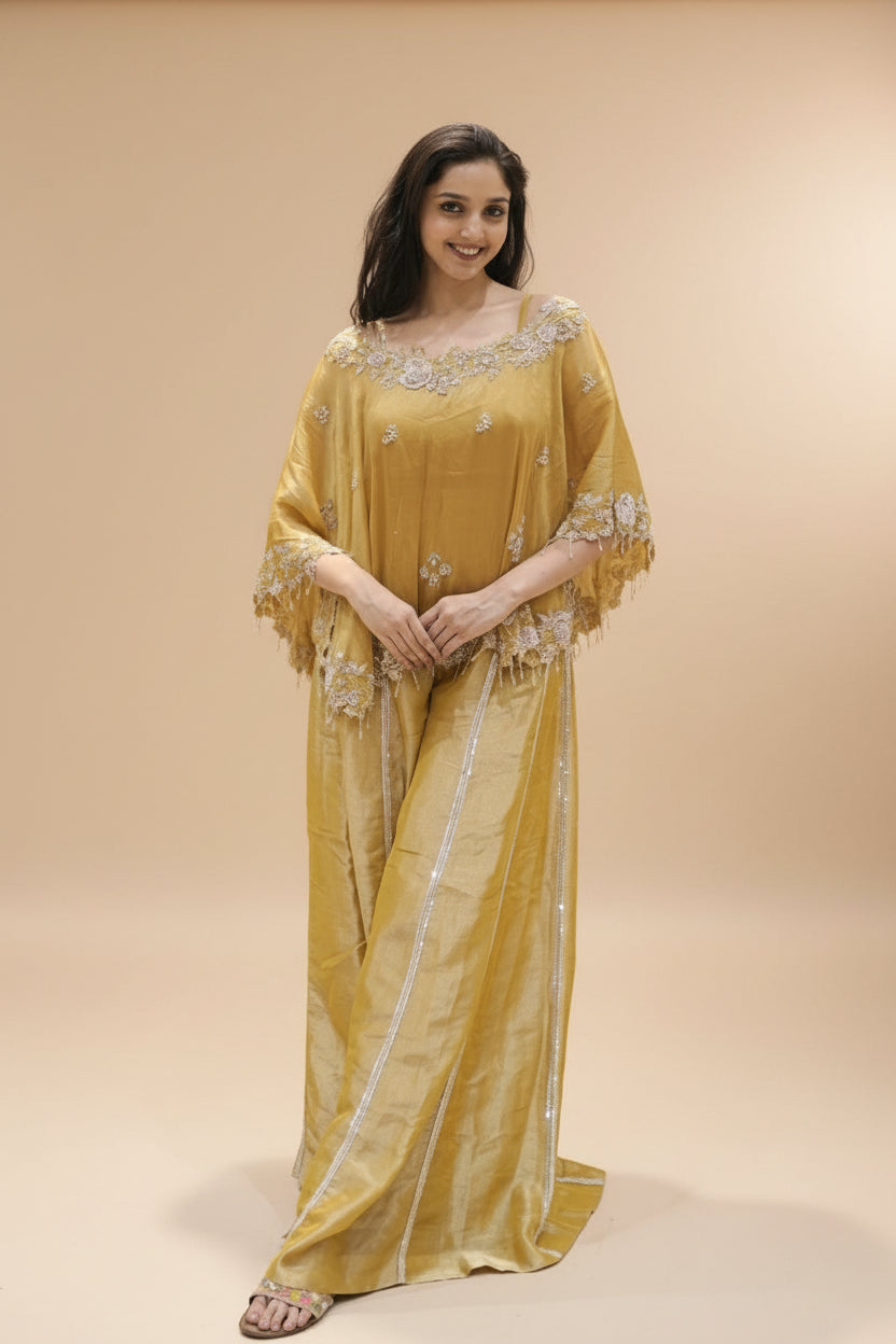 Mustard Yellow Tissue Indo Western with Cut Dana and Pearl Work