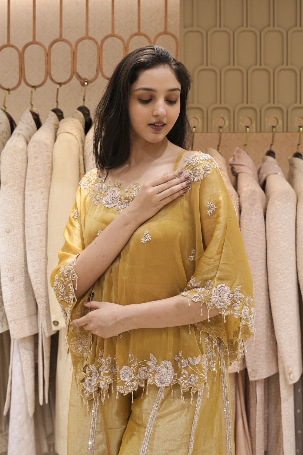 Mustard Yellow Tissue Indo Western with Cut Dana and Pearl Work