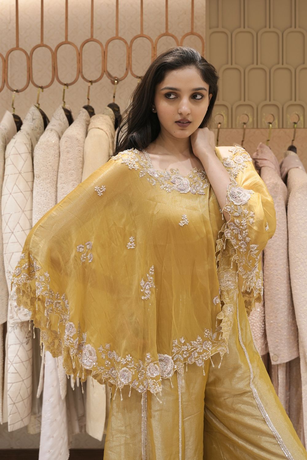 Mustard Yellow Tissue Indo Western with Cut Dana and Pearl Work