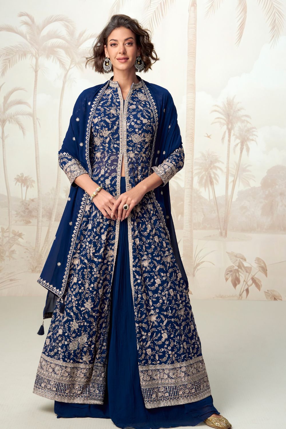 NAVY BLUE GEORGETTE INDO-WESTERN WITH EMBROIDERY AND SEQUINS WORK