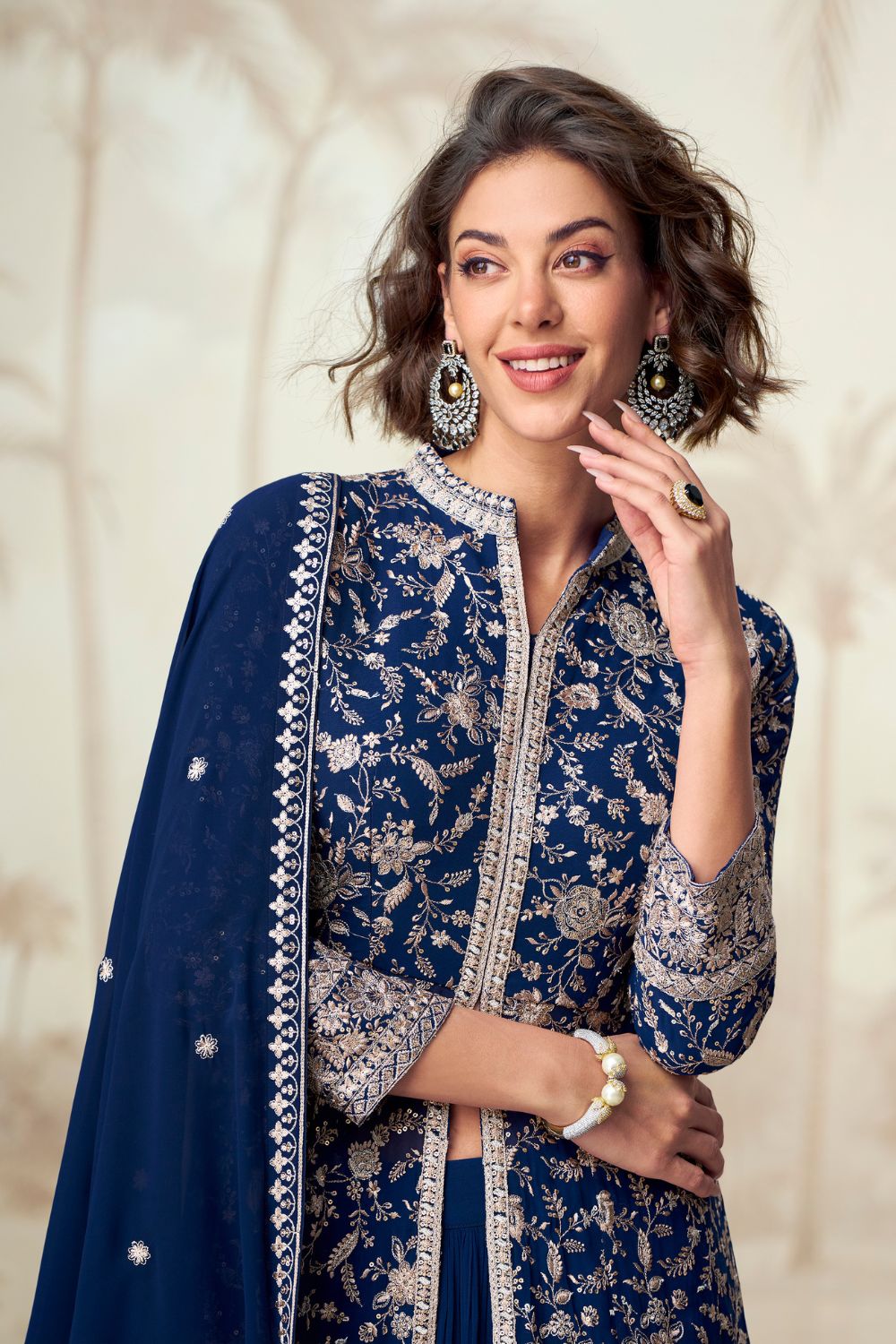 NAVY BLUE GEORGETTE INDO-WESTERN WITH EMBROIDERY AND SEQUINS WORK