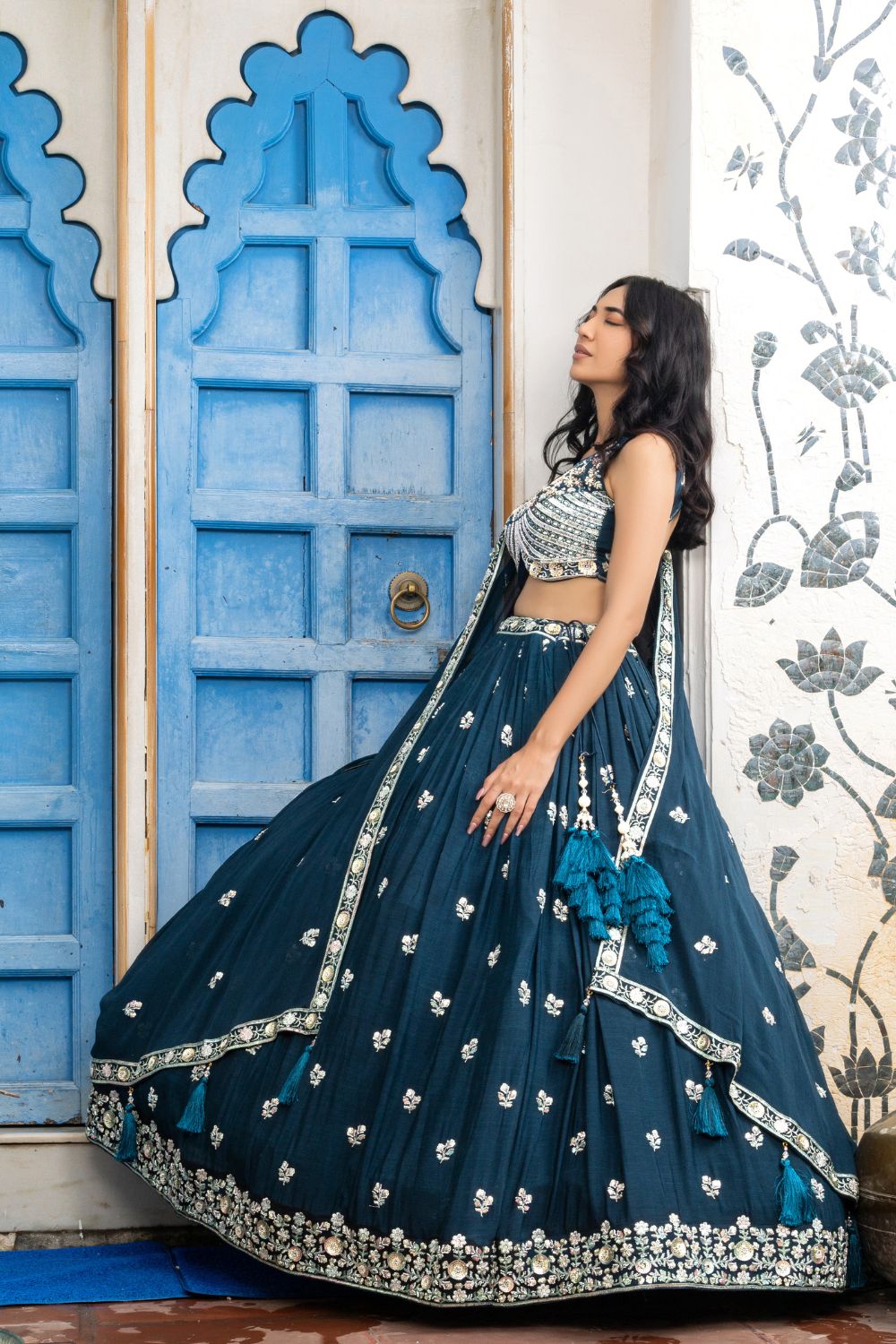 NAVY BLUE GEORGETTE LEHENGA CHOLI WITH SEQUINS AND MIRROR WORK