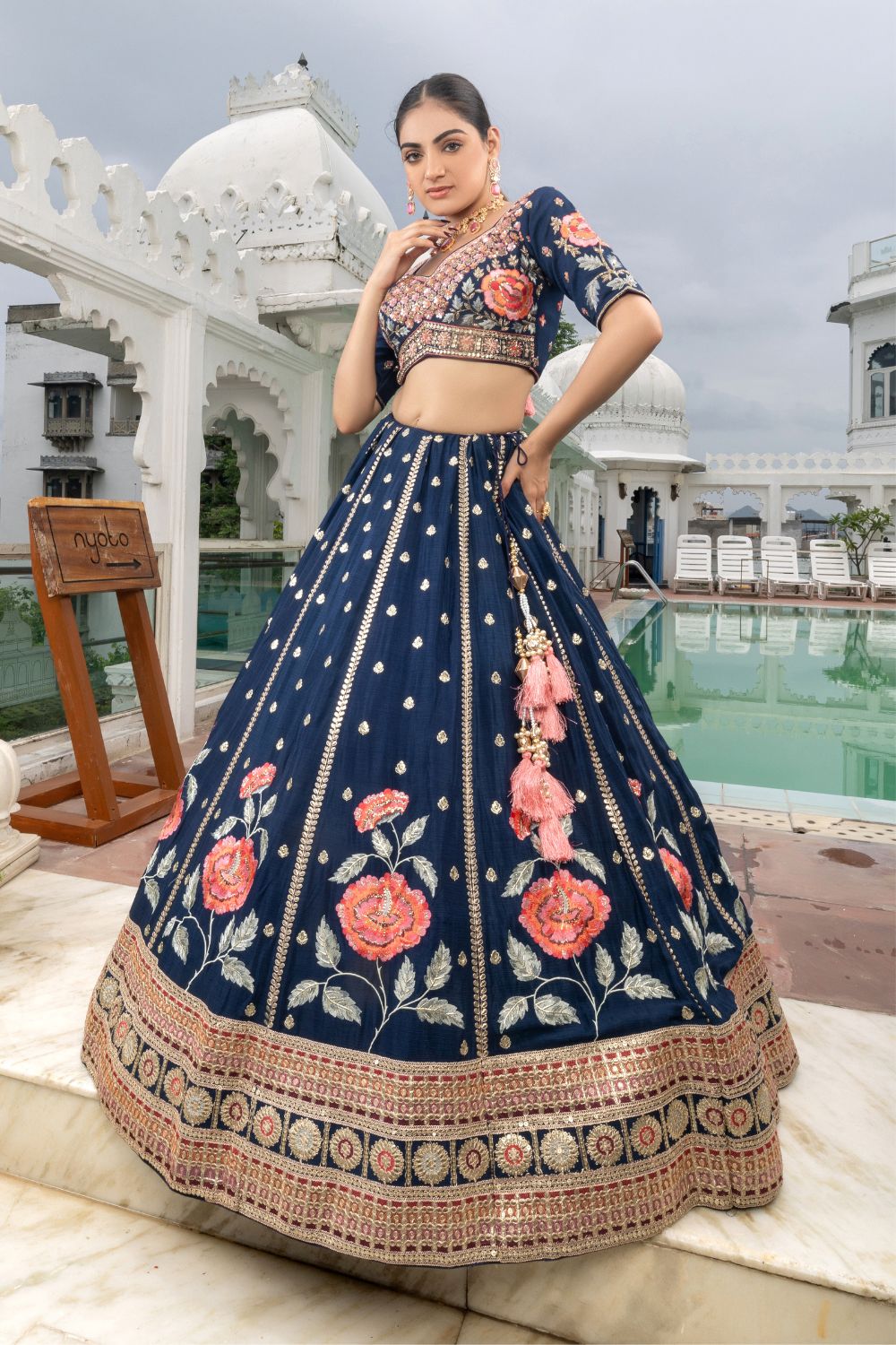 NAVY BLUE SILK LEHENGA CHOLI WITH SEQUINES AND CUTDANA WORK