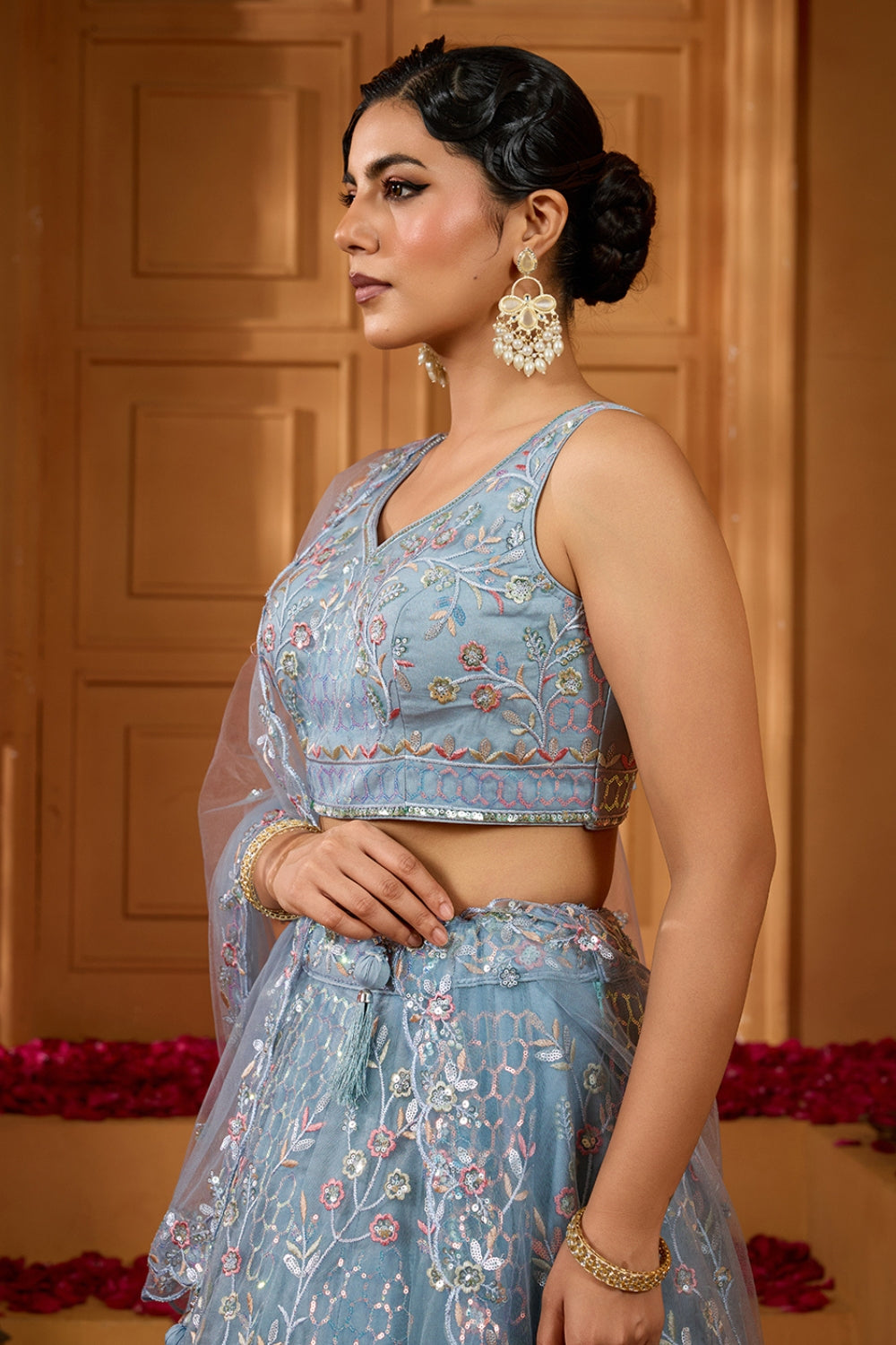 NET LEHENGA CHOLI WITH SEQUINS AND RESHAM EMBROIDERY