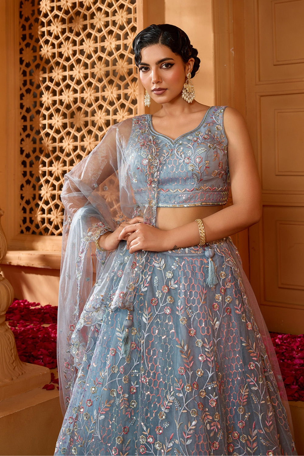 NET LEHENGA CHOLI WITH SEQUINS AND RESHAM EMBROIDERY