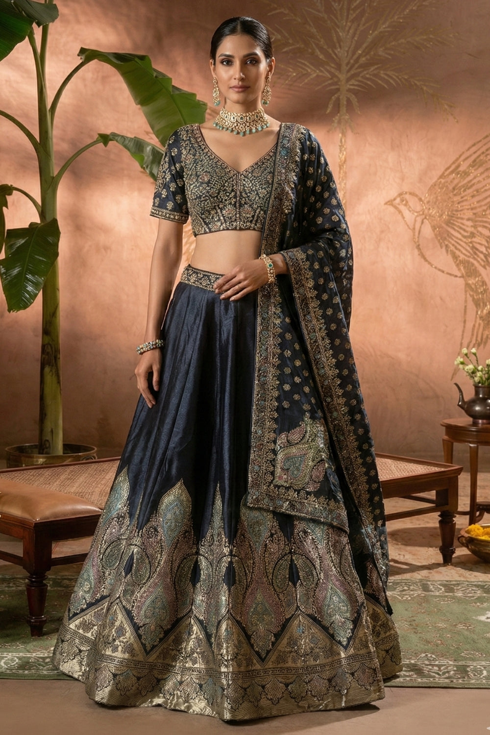 Navy Blue Banarsi Silk Lehenga Set with Moti and Cutdana Work