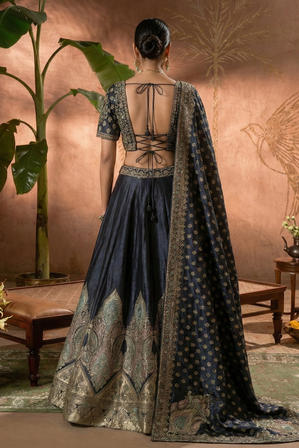 Navy Blue Banarsi Silk Lehenga Set with Moti and Cutdana Work