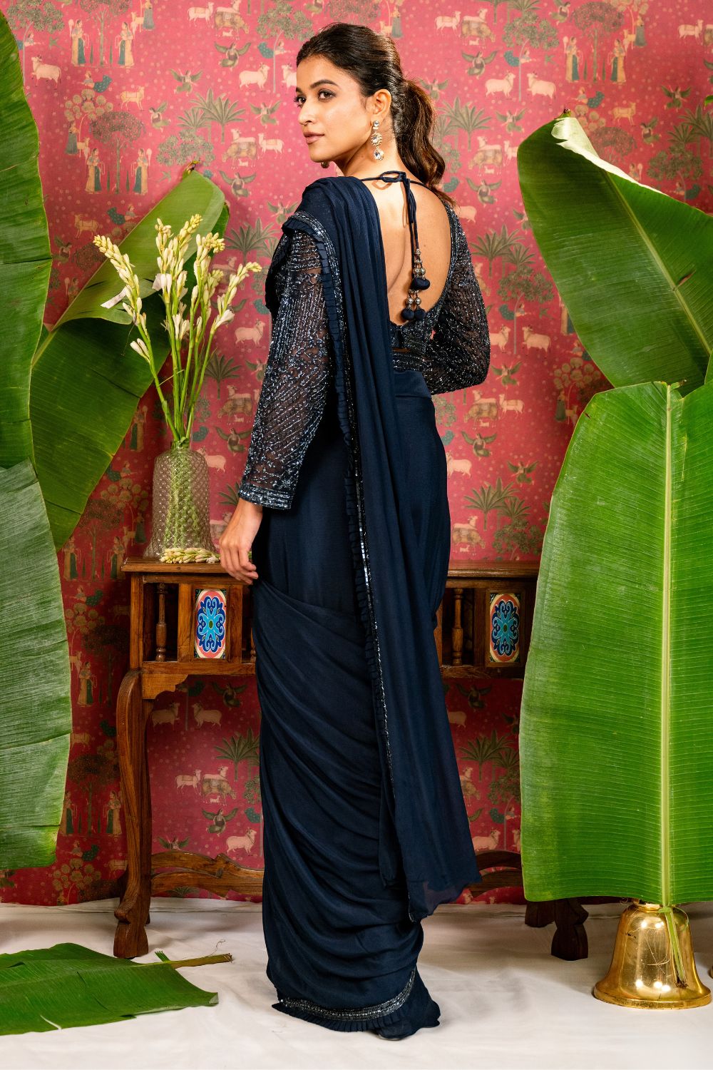 Navy Blue Cerepe Silk Pre-Draped Saree with Sequins and Cutdana Work