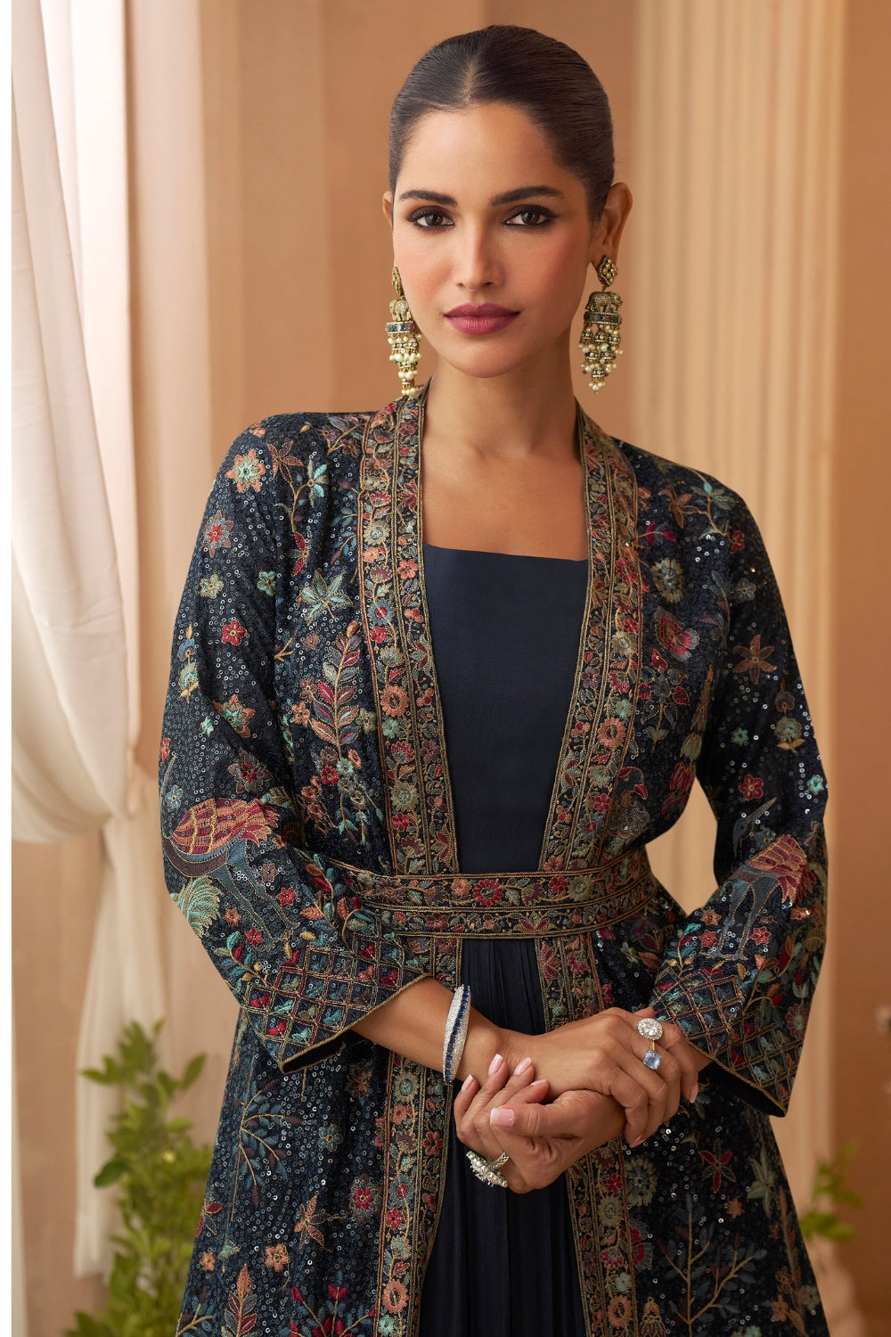 Navy Blue Chinon Anarkali Set with Resham Embroidery and Sequins Work