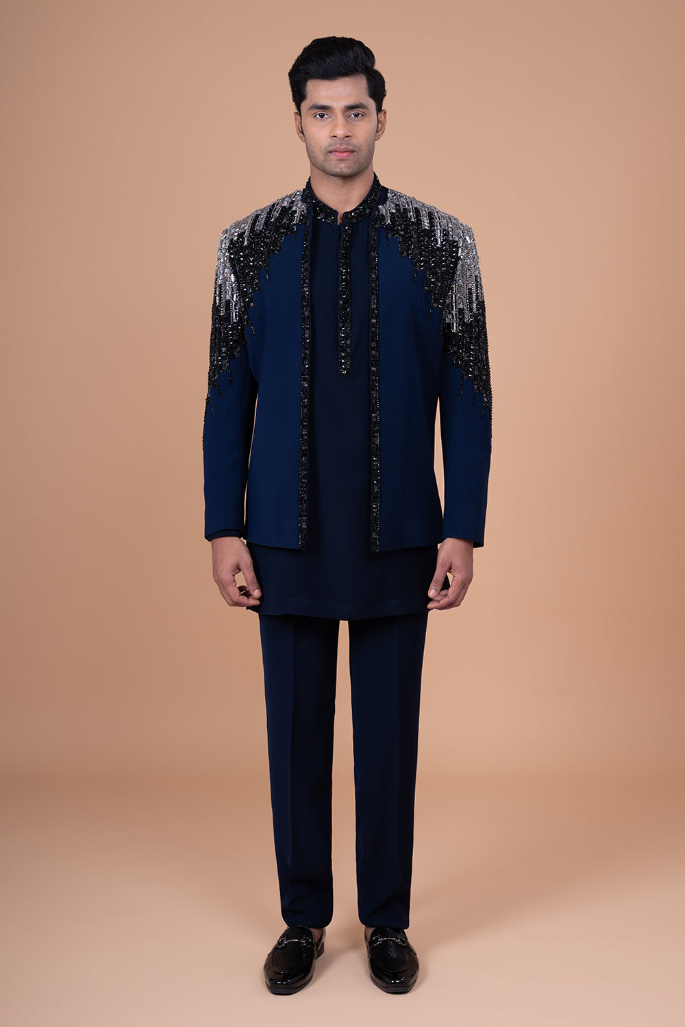 Navy Blue Embellished Silk open Front Jacket with Glass Beads and Sequin Work