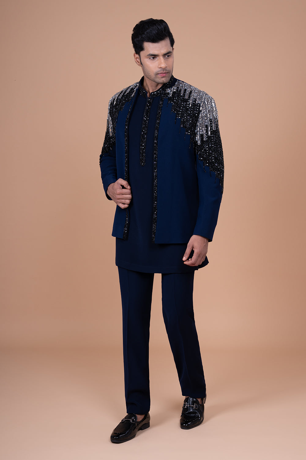 Navy Blue Embellished Silk open Front Jacket with Glass Beads and Sequin Work