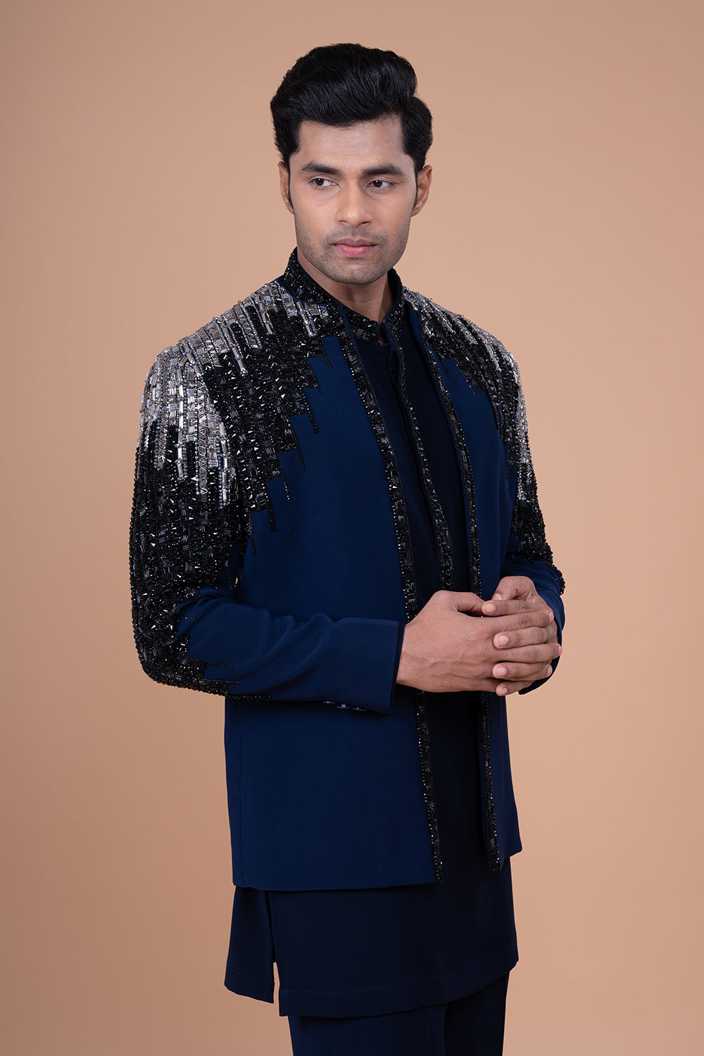 Navy Blue Embellished Silk open Front Jacket with Glass Beads and Sequin Work