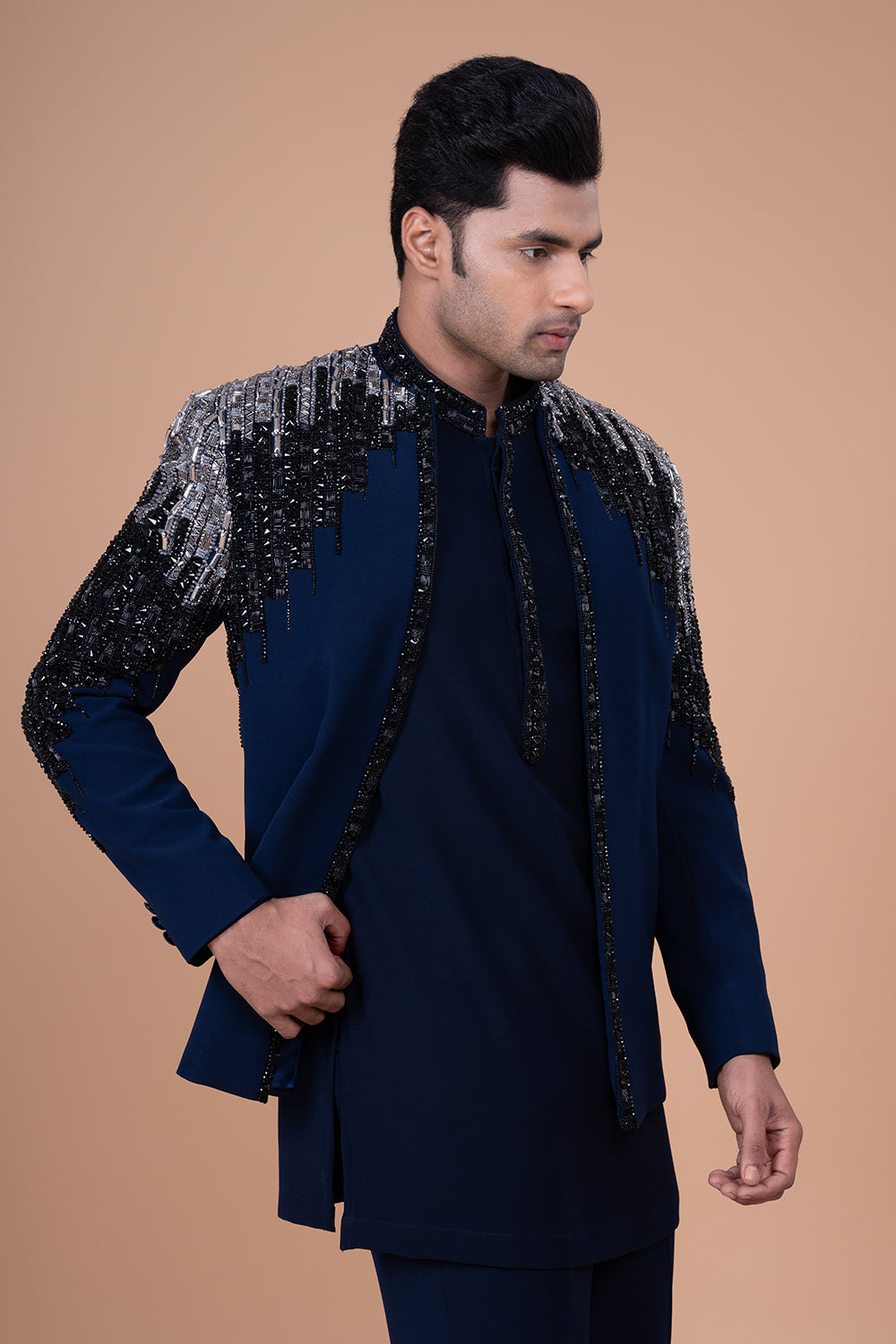 Navy Blue Embellished Silk open Front Jacket with Glass Beads and Sequin Work