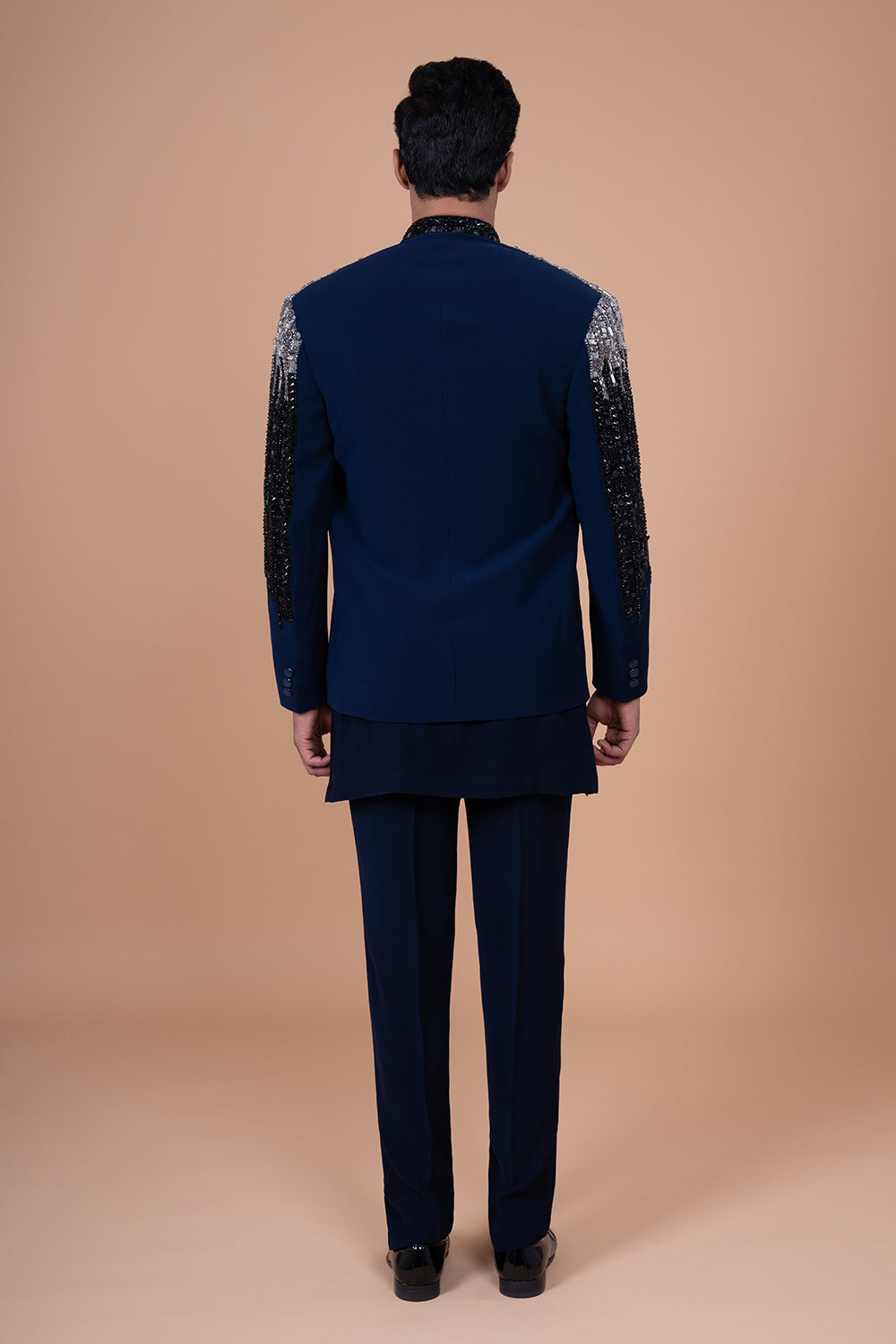 Navy Blue Embellished Silk open Front Jacket with Glass Beads and Sequin Work