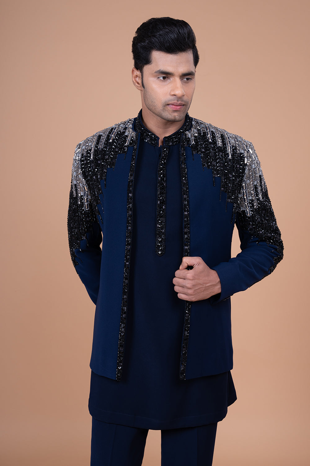 Navy Blue Embellished Silk open Front Jacket with Glass Beads and Sequin Work