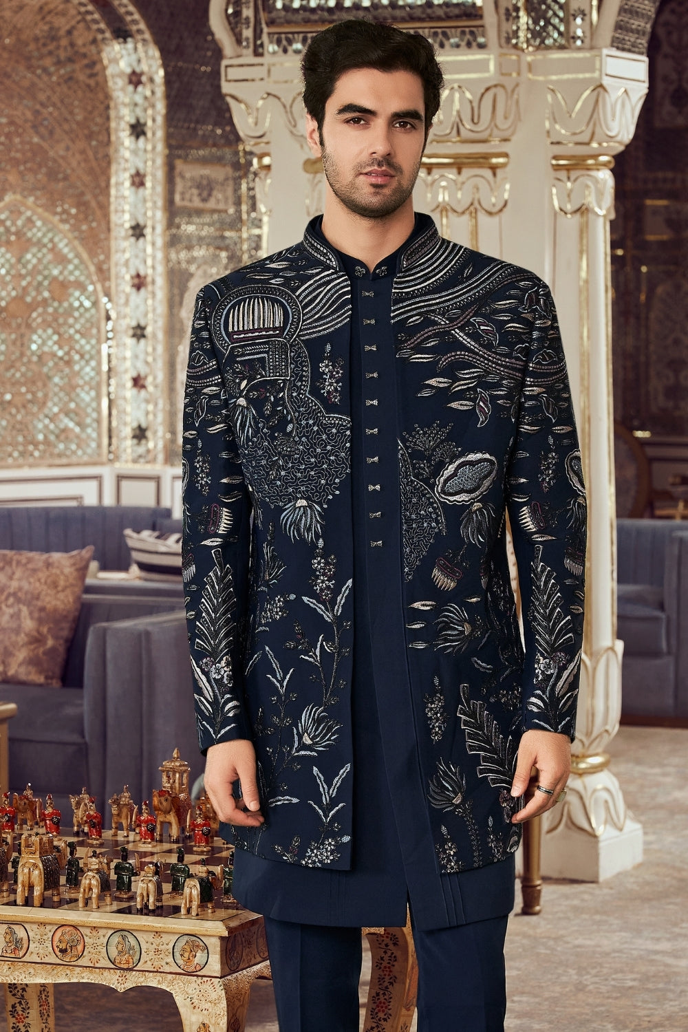 Navy Blue Imported Indo Western with Sequins and Emrboidery