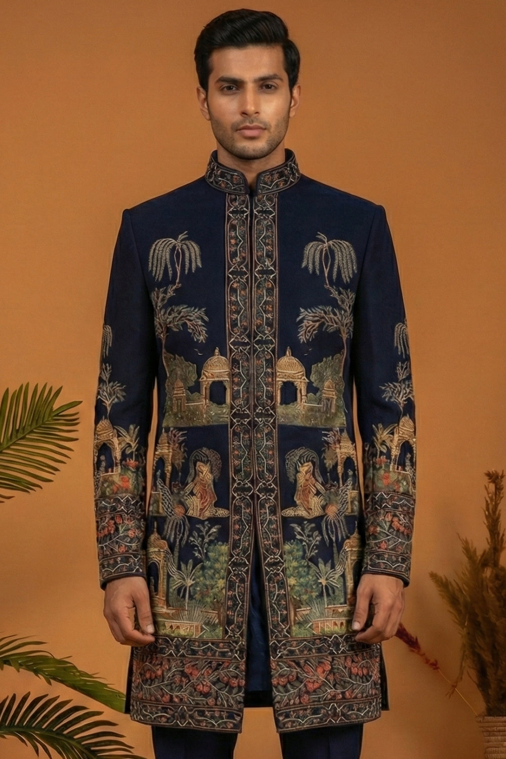 Navy Blue Imported Indo Western with Zardosi and Moti Work