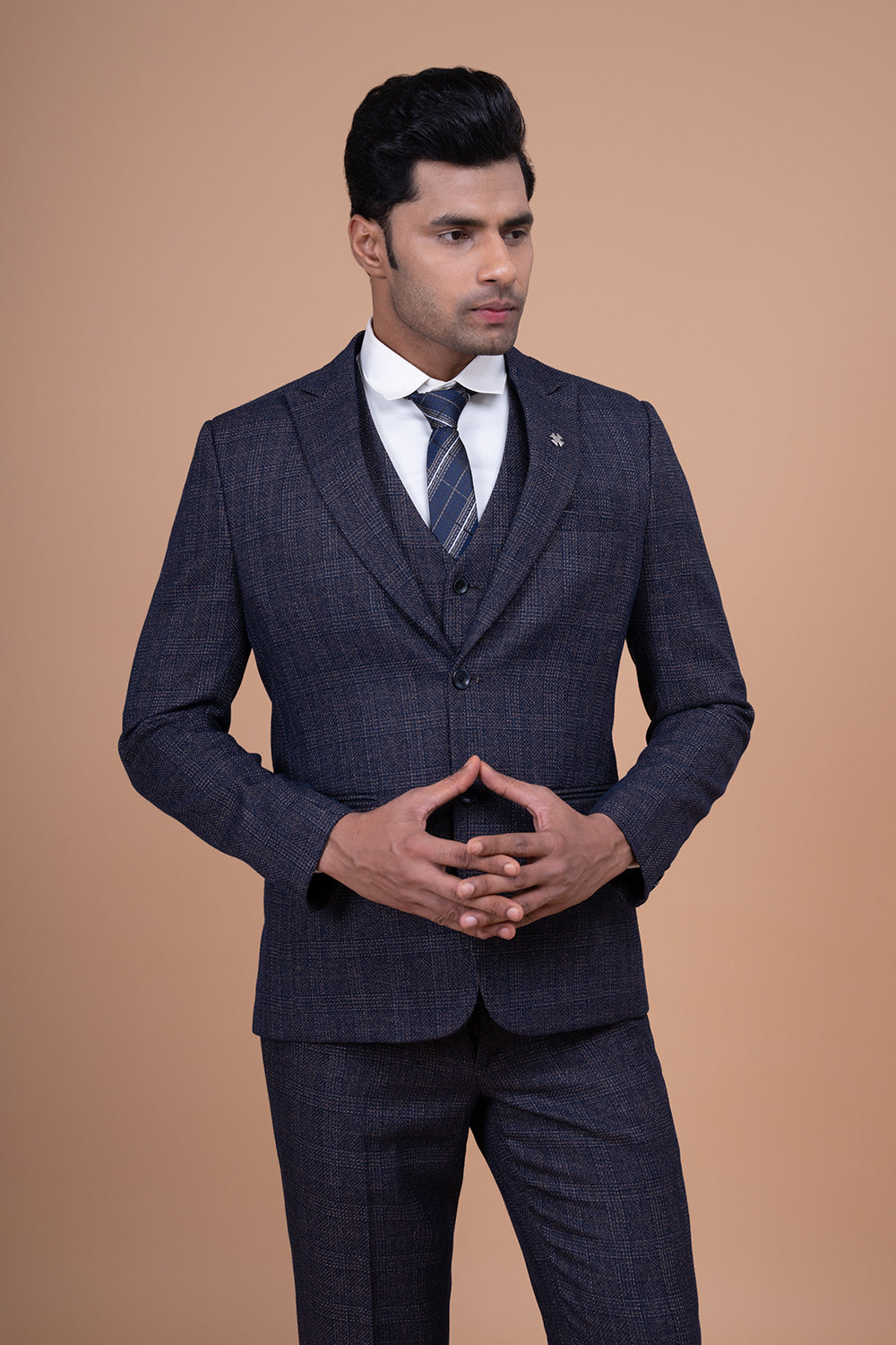Glen Check Three-Piece Suit with Contrast Waistcoat