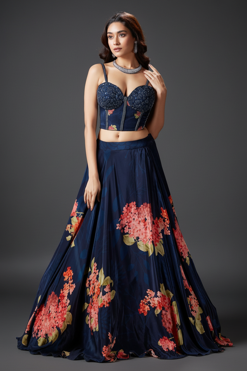 Navy Blue Organza Lehenga Set with Cutdana and Moti