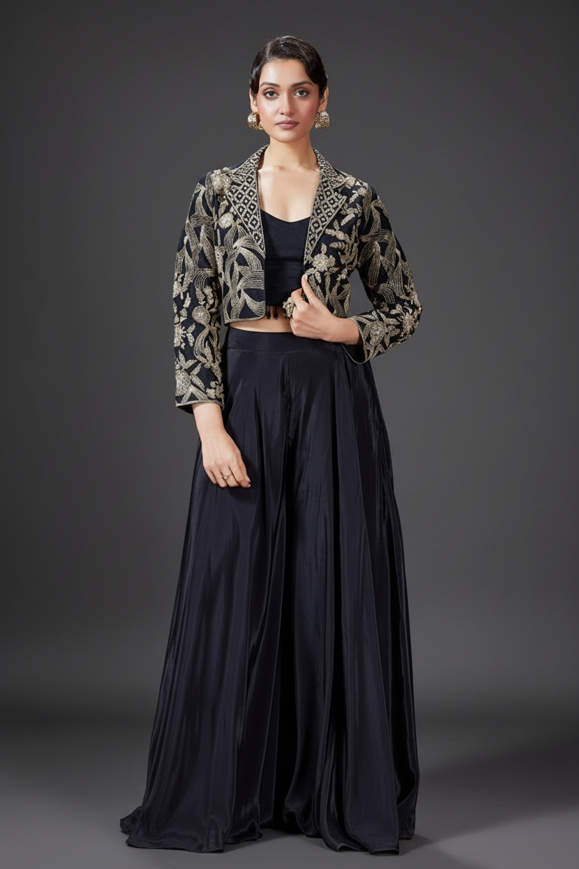 Navy Blue Palazzo Set with Cutdana and Zari Embroidered Work