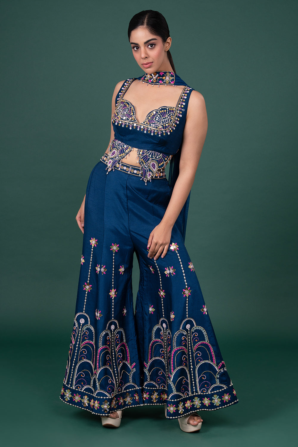 Navy Blue Scalloped Embroidered Bralette with Arched-Pattern Palazzo