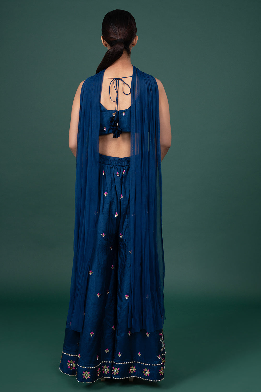 Navy Blue Scalloped Embroidered Bralette with Arched-Pattern Palazzo