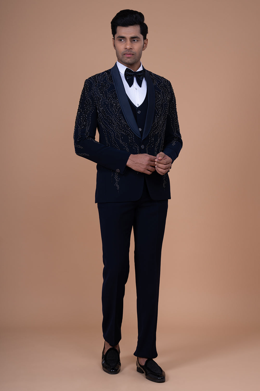 Navy Blue Shawl-Lapel Tuxedo with Vertical Linear Bead and Sequin Embroidery