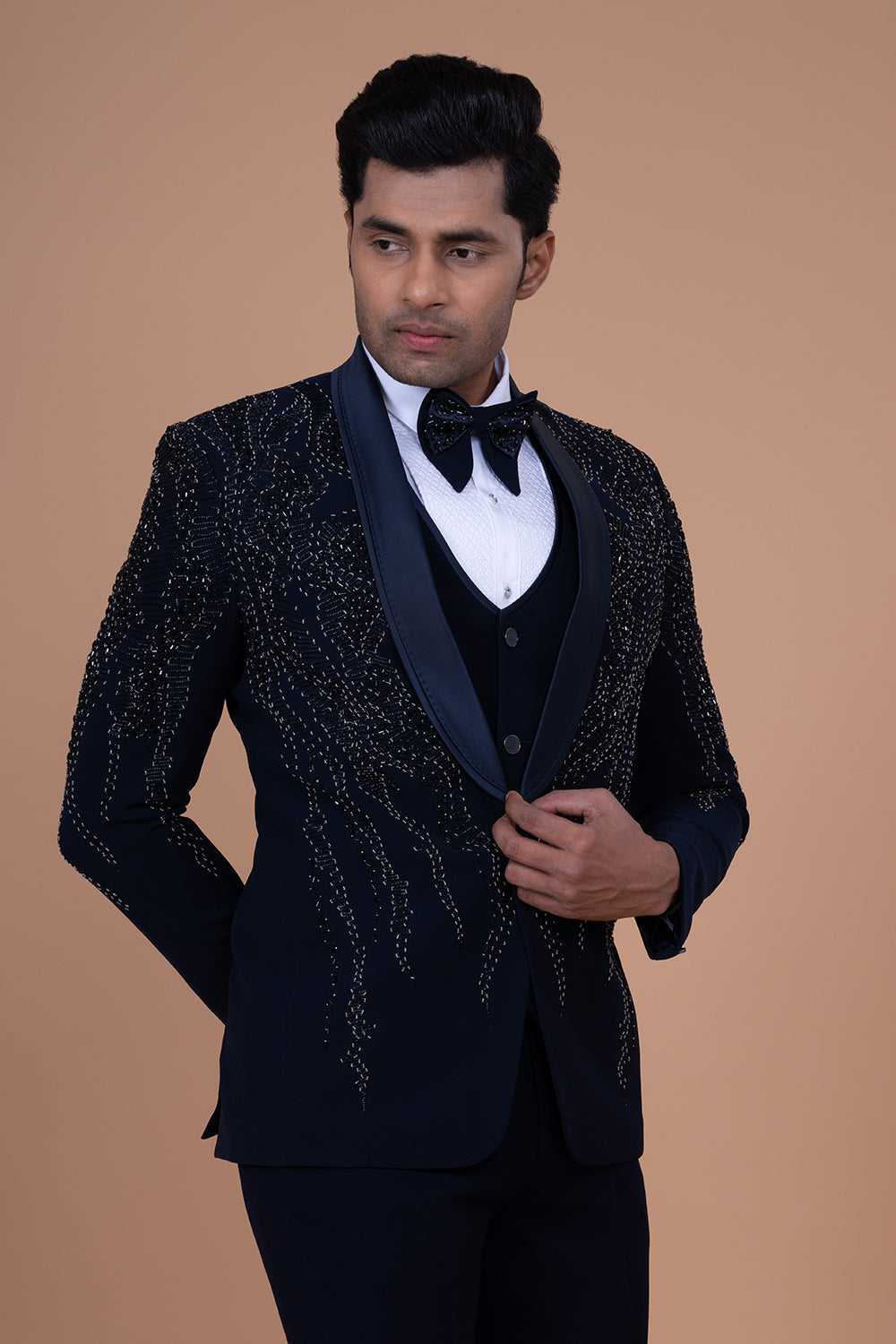 Navy Blue Shawl-Lapel Tuxedo with Vertical Linear Bead and Sequin Embroidery