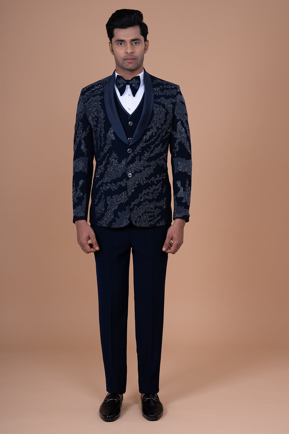 Navy Blue Shimmer Tuxedo with Silver Abstract Shimme Patterning