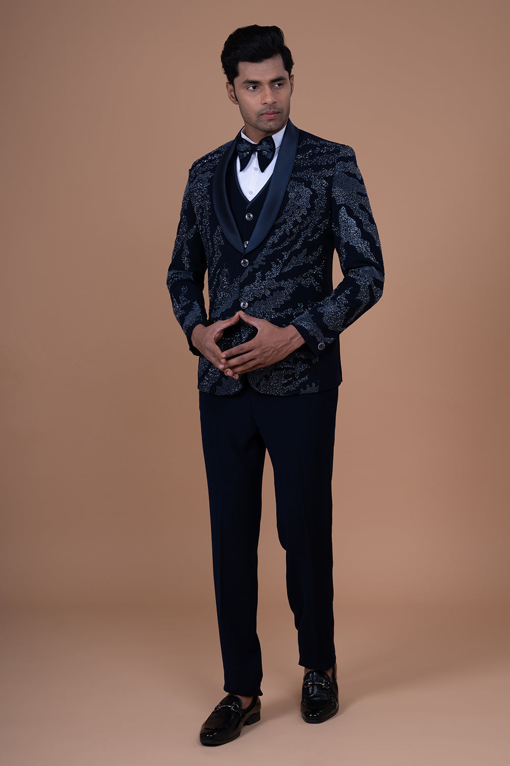 Navy Blue Shimmer Tuxedo with Silver Abstract Shimme Patterning