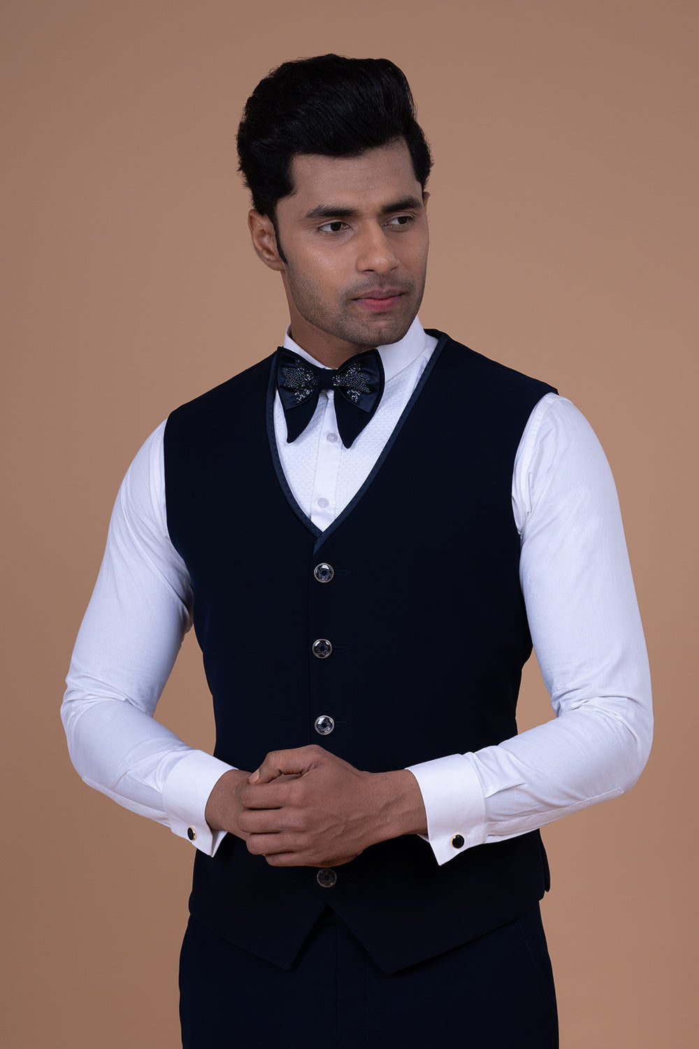 Navy Blue Shimmer Tuxedo with Silver Abstract Shimme Patterning