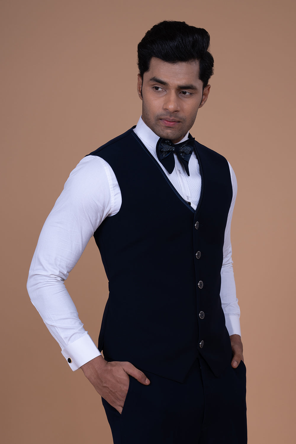 Navy Blue Shimmer Tuxedo with Silver Abstract Shimme Patterning