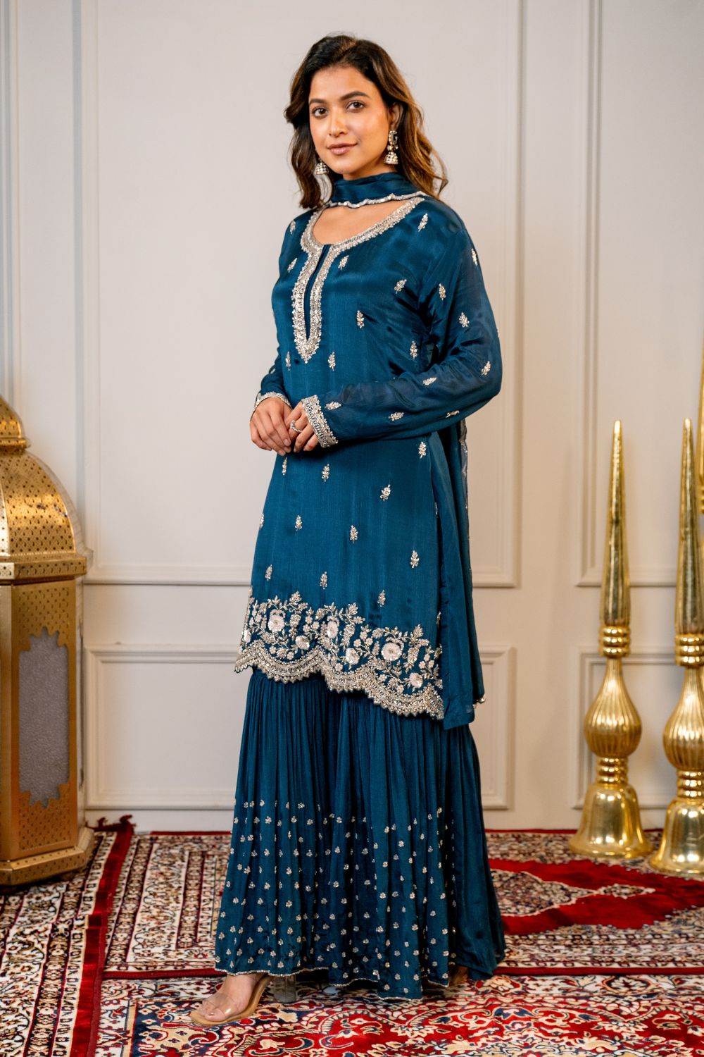 Navy Blue Silk Suit Set with Cutdana and Sequins Work