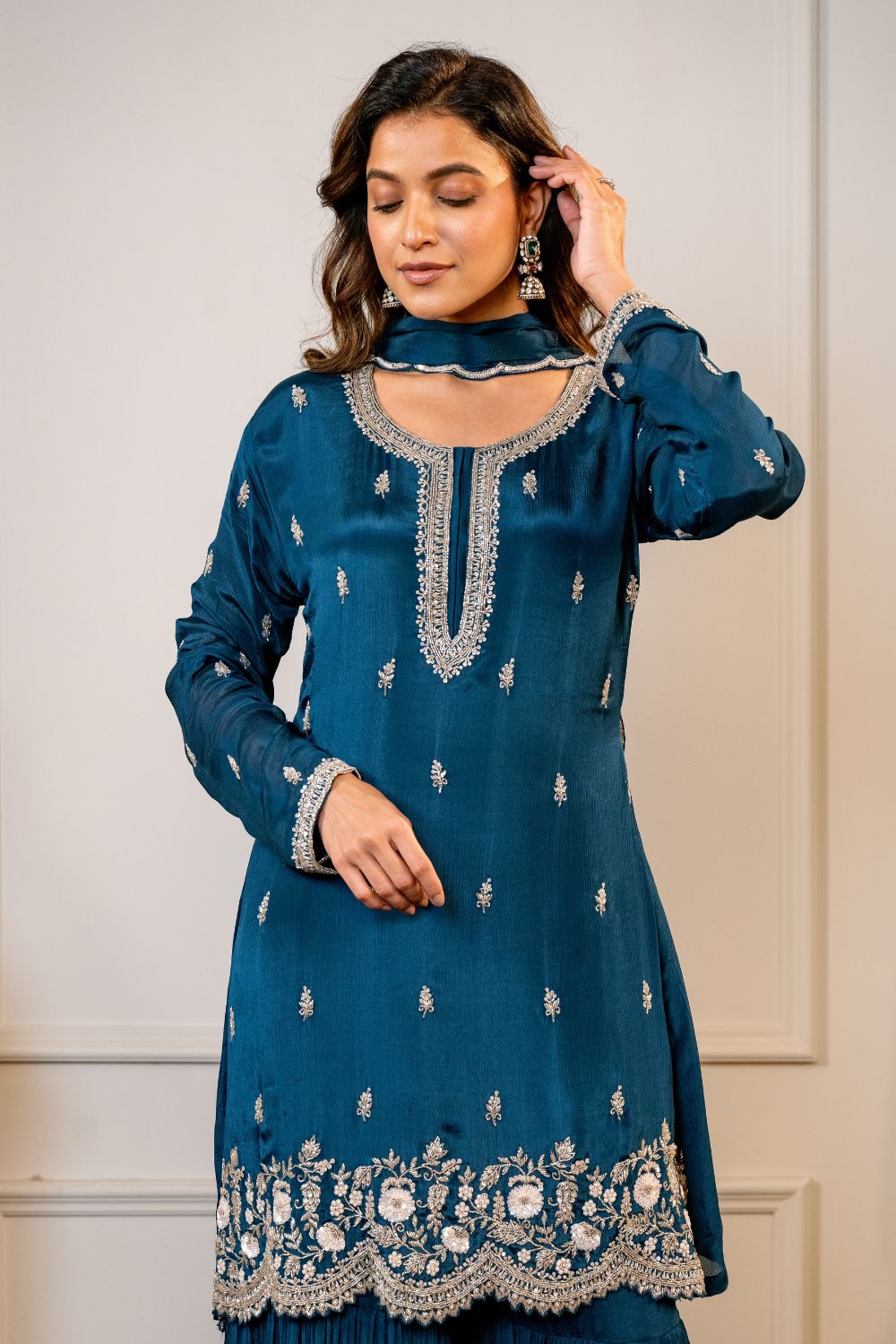 Navy Blue Silk Suit Set with Cutdana and Sequins Work